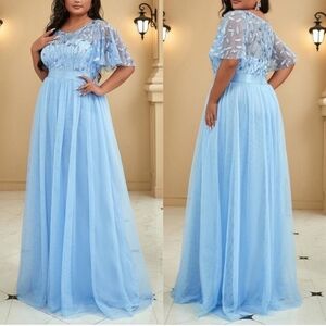 NWT Ever Pretty Blue Floral Sequin Embroidery Evening Maxi Dress Wedding Prom